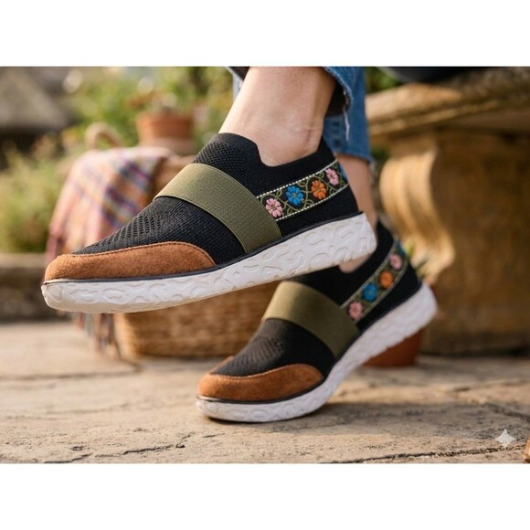 Muk Luks Shoes - MUK LUKS Women Slip On Sneaker 8.5 Floral Embroidered Knit Black Comfort Loafers